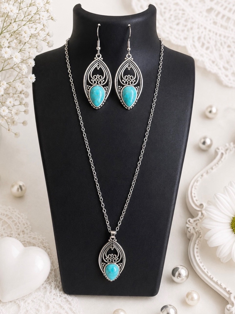 Turquoise Teardrop Pendant Necklace & Earrings Set - Silver Tone Hardwood